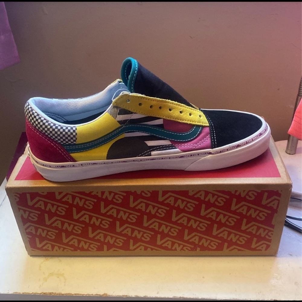Multicolored Vans.